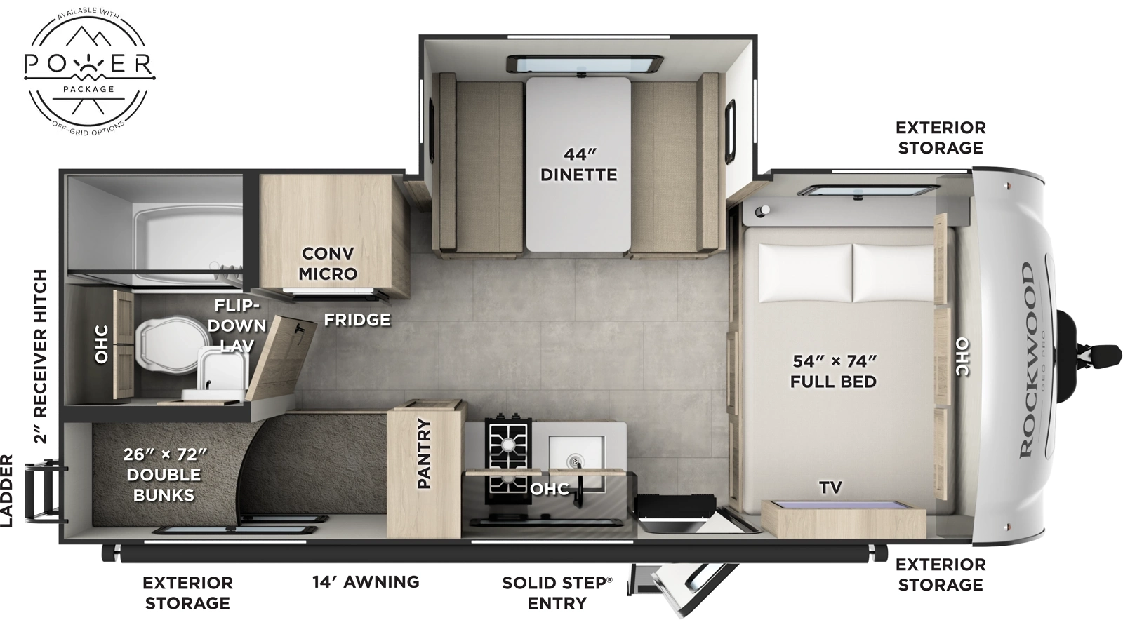 The Rockwood Geo Pro G20BH floorplan has one entry and one slide out. Exterior features include: fiberglass exterior and 14' awning. Interiors features include: bunk beds and front bedroom.